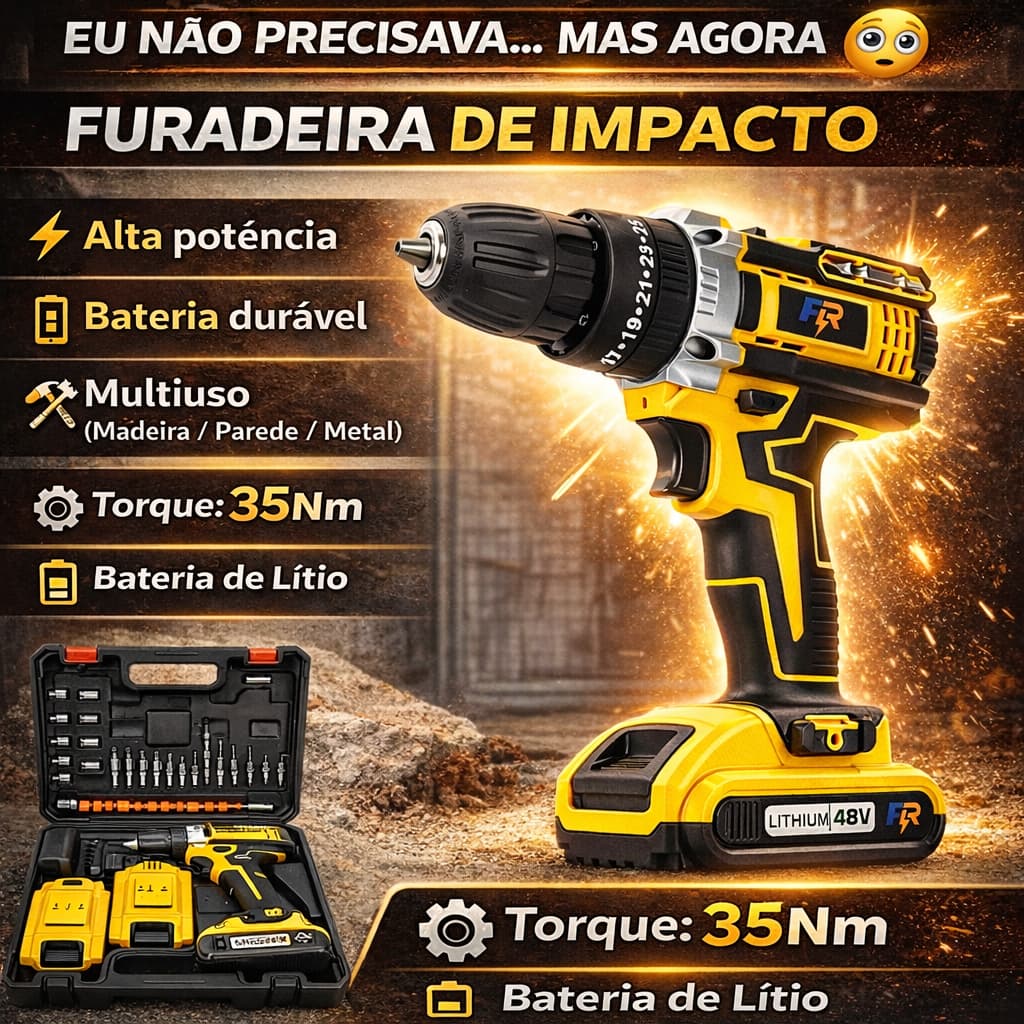 Parafusadeira Furadeira De Impacto Sem Fio 48V 1/2 Baterias Com Maleta e Acessórios Completo