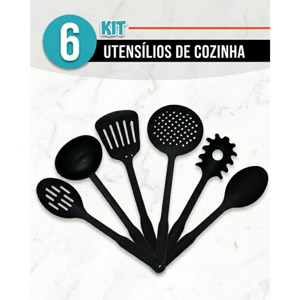 Kit 6 Peças Utensílios de Cozinha Nylon Concha Escumadeira Virador Espátula Pegador Macarrão Colher