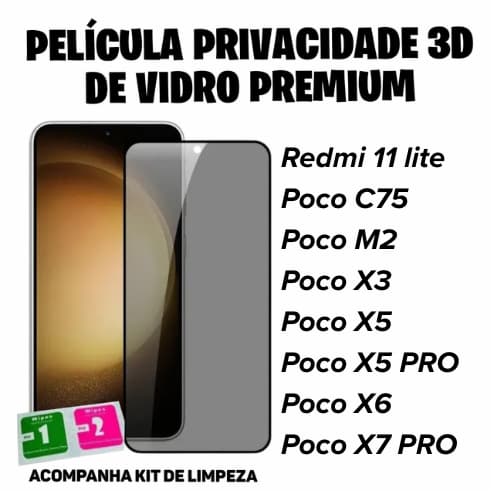 Película Privacidade 3D Vidro Xiaomi  Redmi 11 Lite Poco C75 M3 X3 X5 X6 X7 PRO