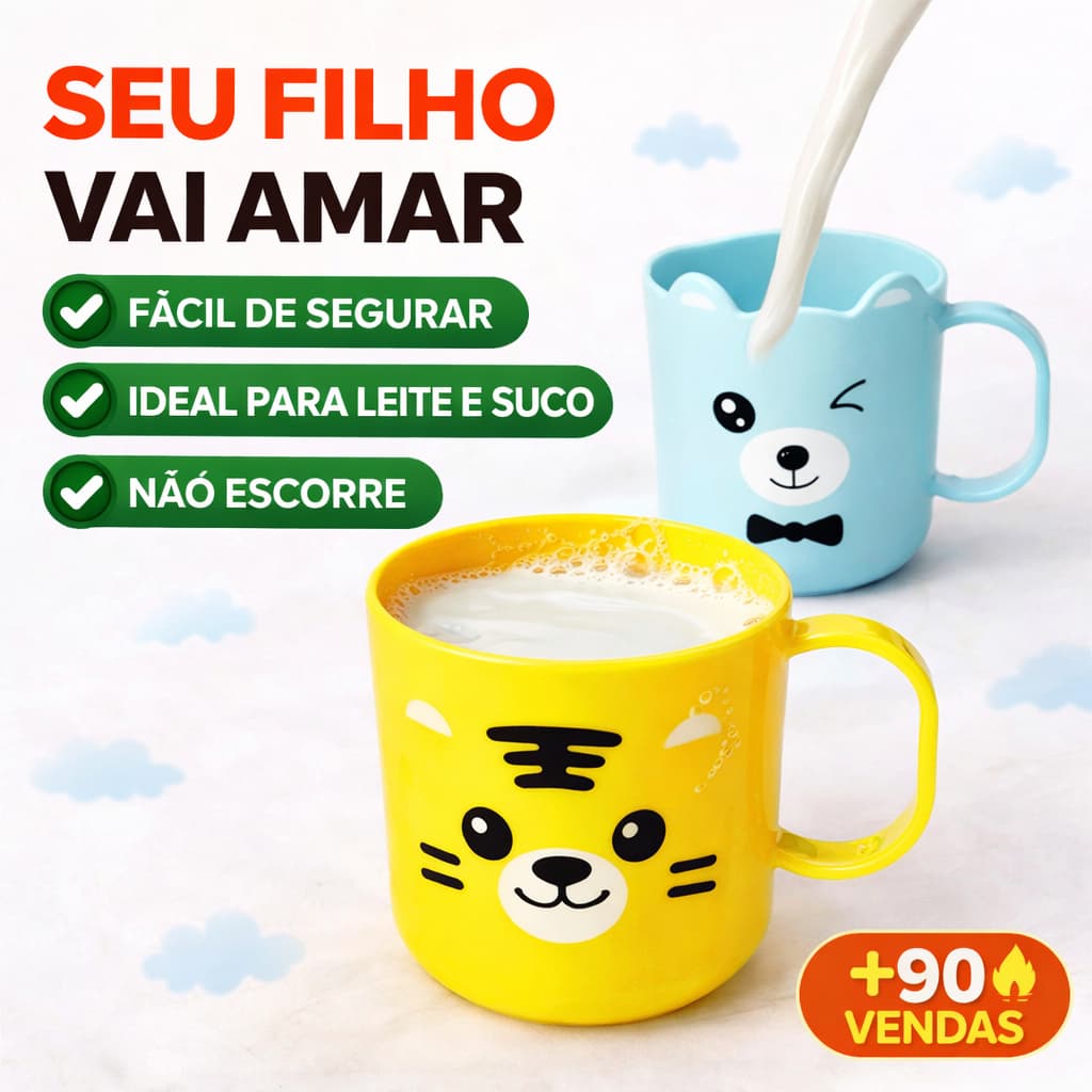 Kit 2 Canecas Infantil com Alça Copo Bebê 200ml Leite Suco Criança Resistente