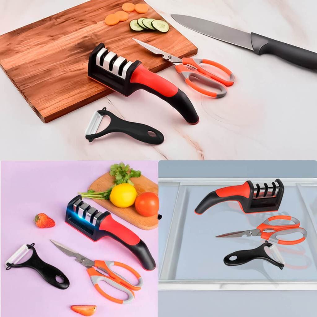 Promoção Kit Cozinha 3 Peças Essenciais - Afiador, Descascador de Legumes e Tesoura Inox - Prático Para o Dia a Dia