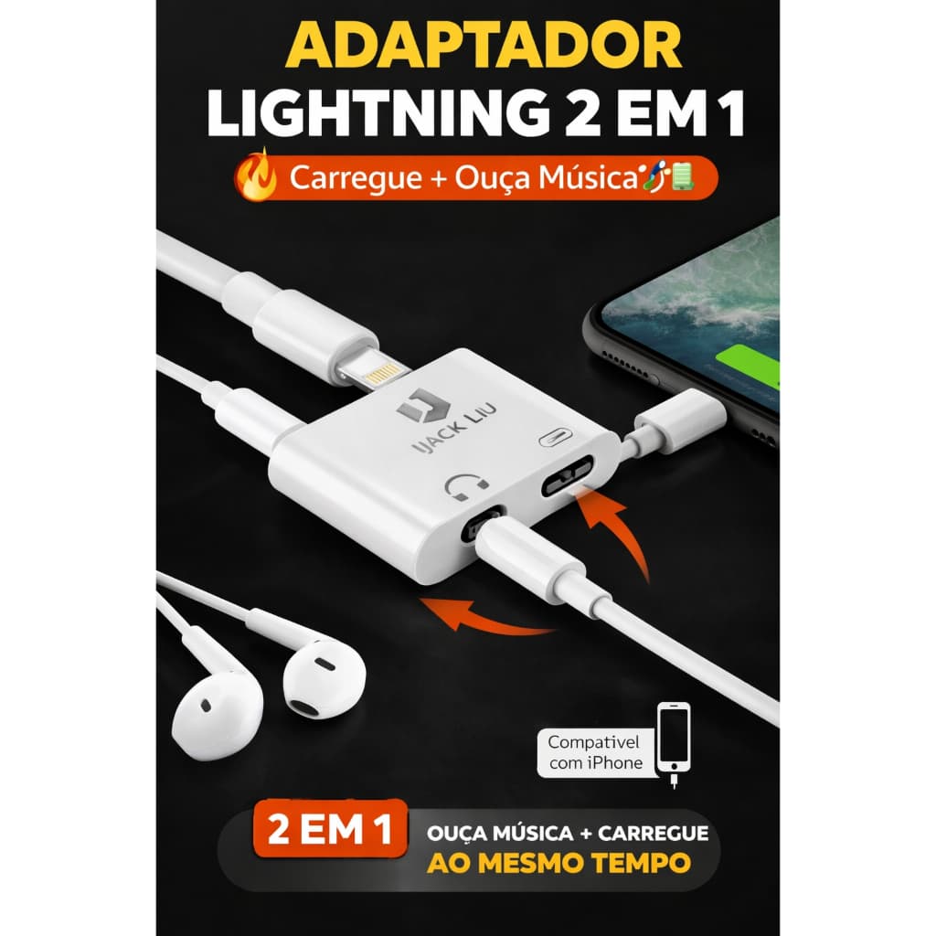 Adaptador Lightning iPhone 2 Em 1 Carregador + Fone Ouvido P2 iOS Jack Liu