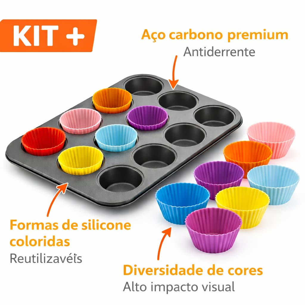 Kit Forma Cupcake 12 Cavidades Aço Carbono + 12 Formas Silicone Muffin