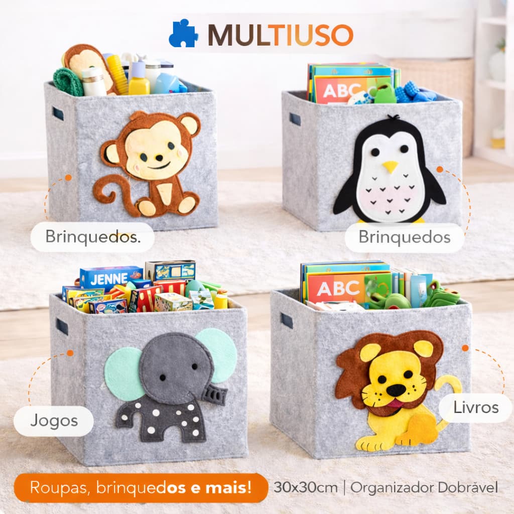 Caixa Cesto Organizador Infantil Feltro Dobrável 35x35 Caixa Brinquedos Roupas Estampa Animais Multiuso Decoração