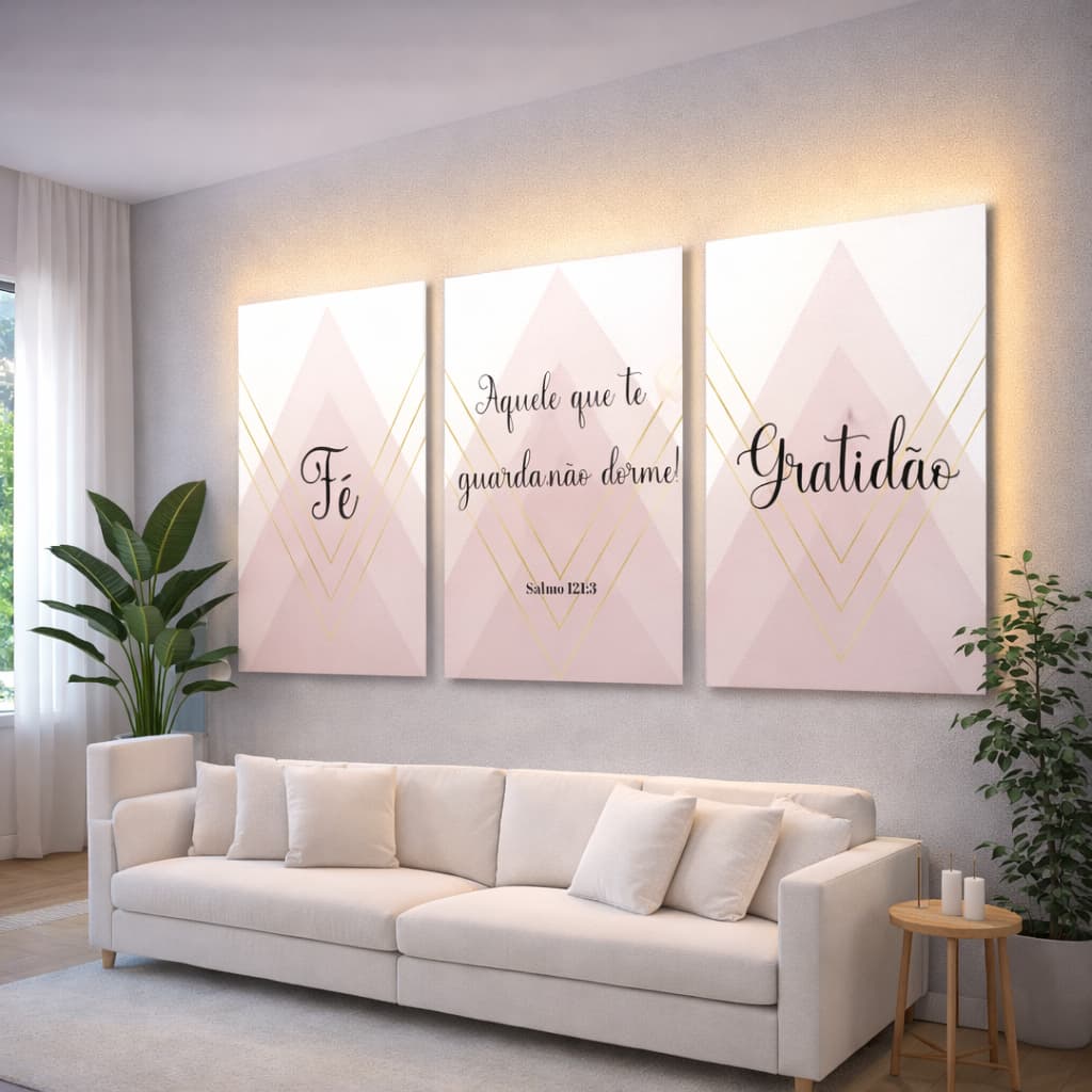 Kit 3 Quadros Decorativo Aquele Que Te Guarda Não Dorme Rosa e Branco Colorido Frases Positivas