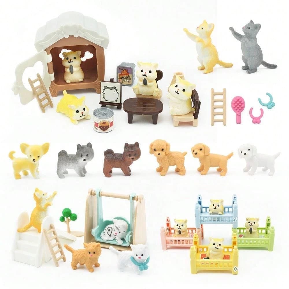 Kit Brinquedo Pet Gato/Cachorro/Hamster com Conjunto de Mobília Miniatura Fofo Happy