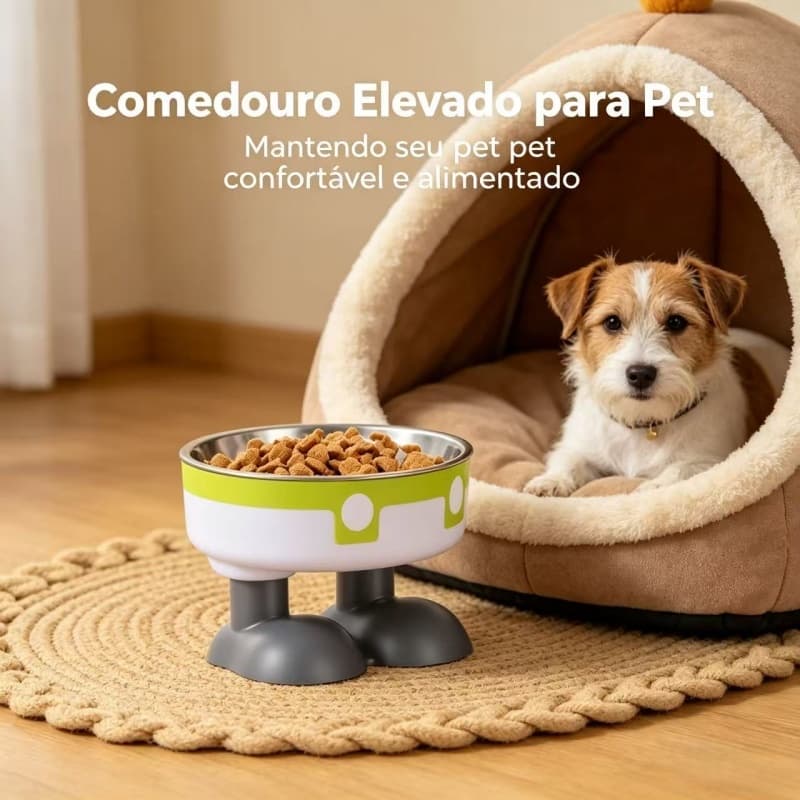 Tigela para animais de estimação em aço inoxidável com design de pé alto para proteger o pescoço do animal.