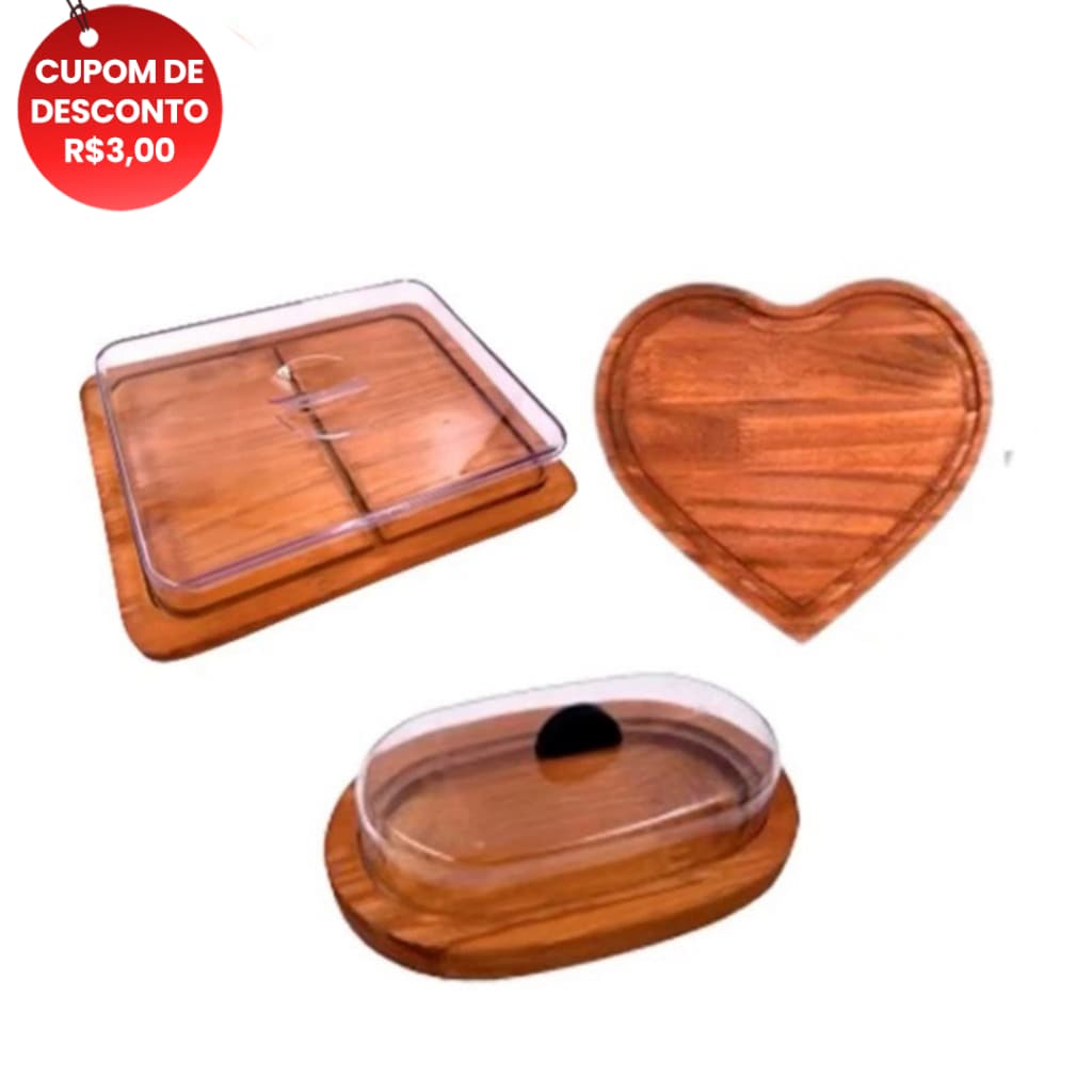 OFERTA 9.9 KIT 3pçs Porta Frios Médio (21X16,5cm), Manteigueira e Tabua Coração Madeira Rustica