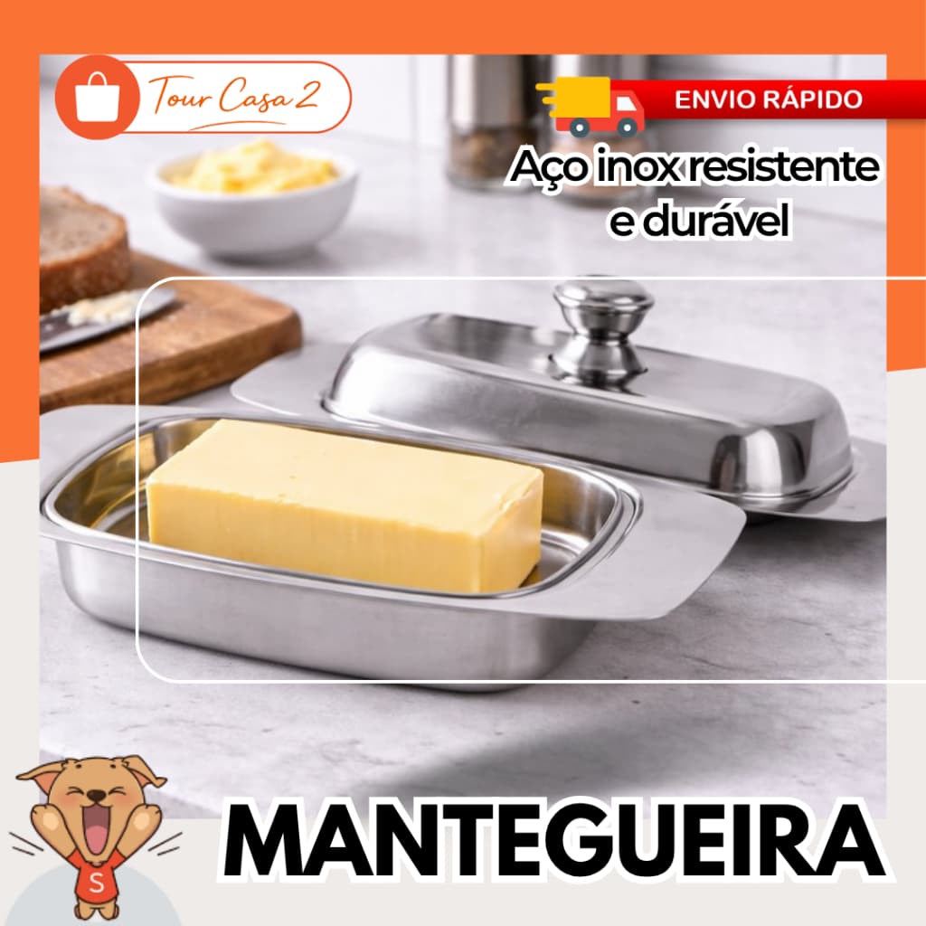 Manteigueira Inox com Tampa Retagular Elegante Porta Manteiga Moderna Mesa Posta Café Manhã Cozinha
