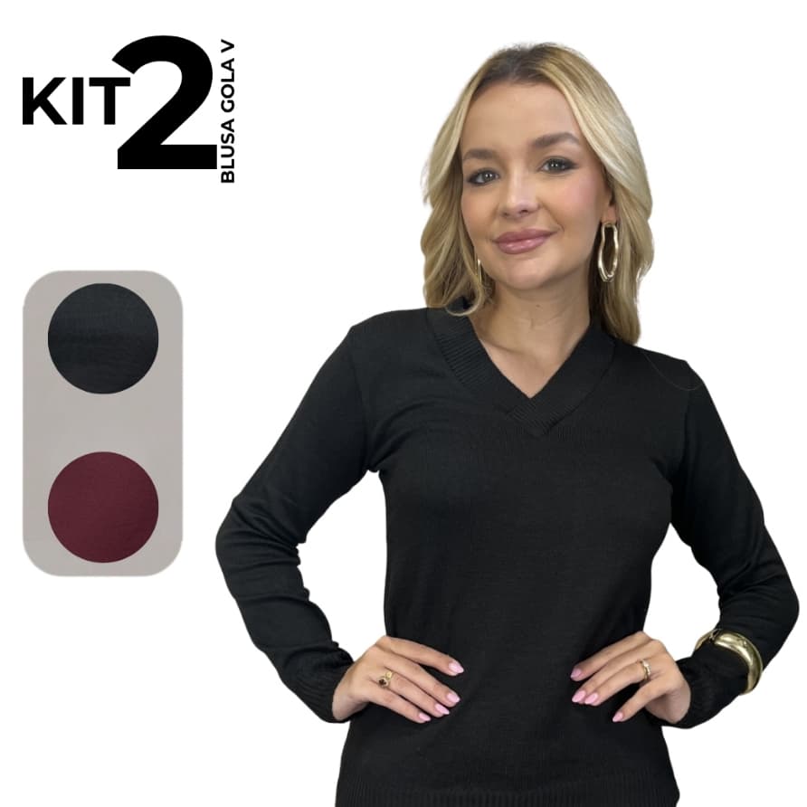 Kit 2 Blusa Feminina De Frio Tricô Suéter Manga Longa Decote V Lã Elastano