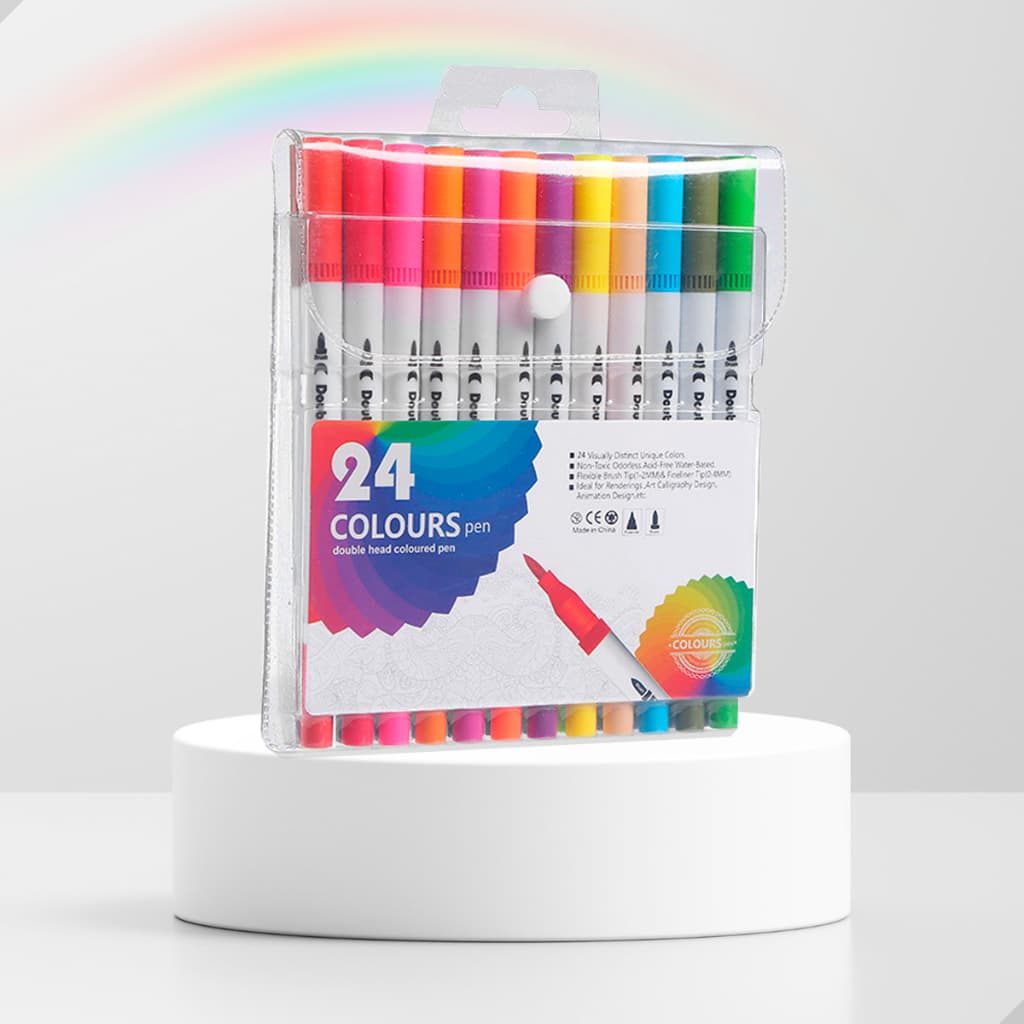 Kit Com 24 Canetas 2 em 1 Brush Pen Lettering e Ponta Fina Dual Canetinha Para Colorir Desenho