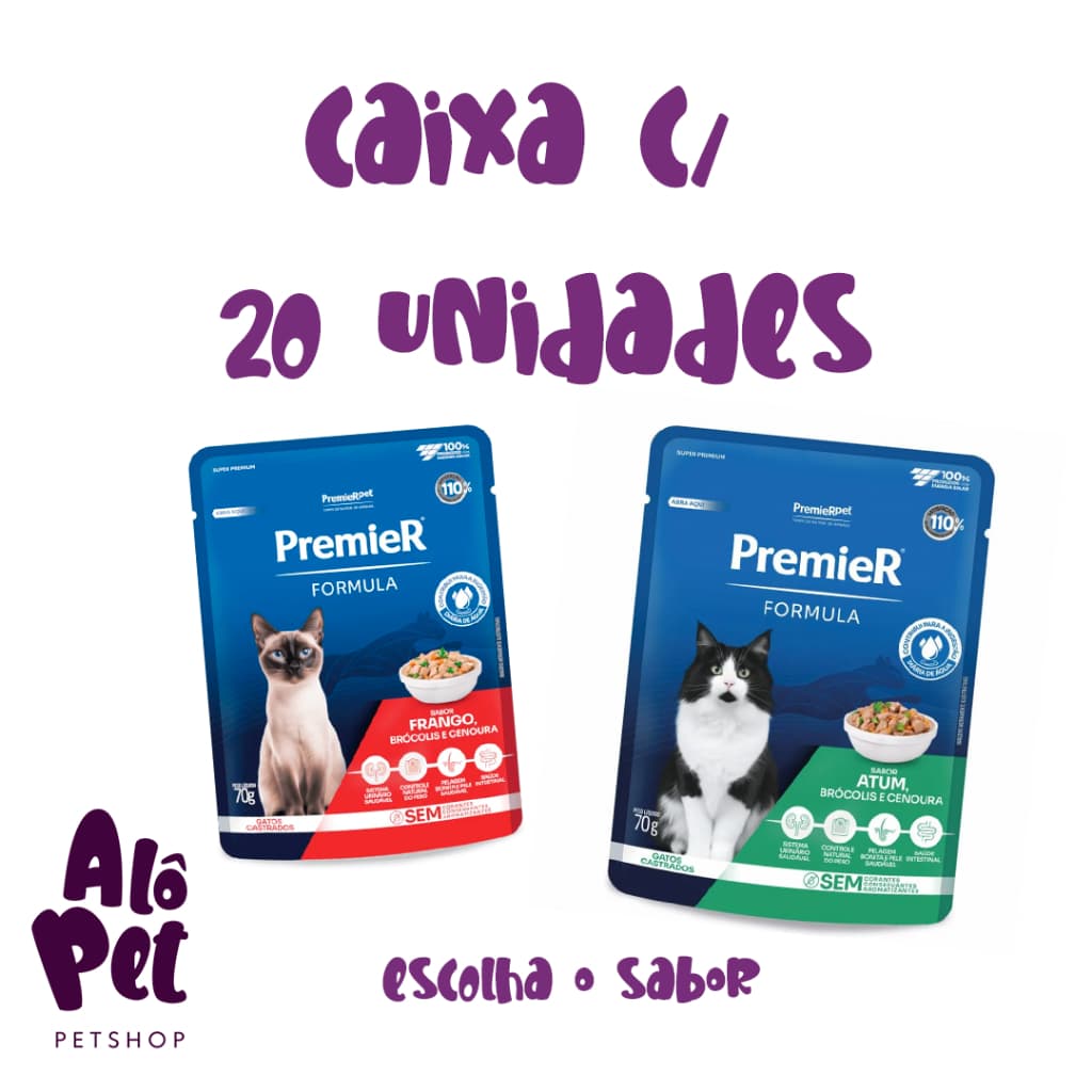 KIT 20 UN Ração Úmida sachê Premier Formula para Gatos Adultos Castrados 70g