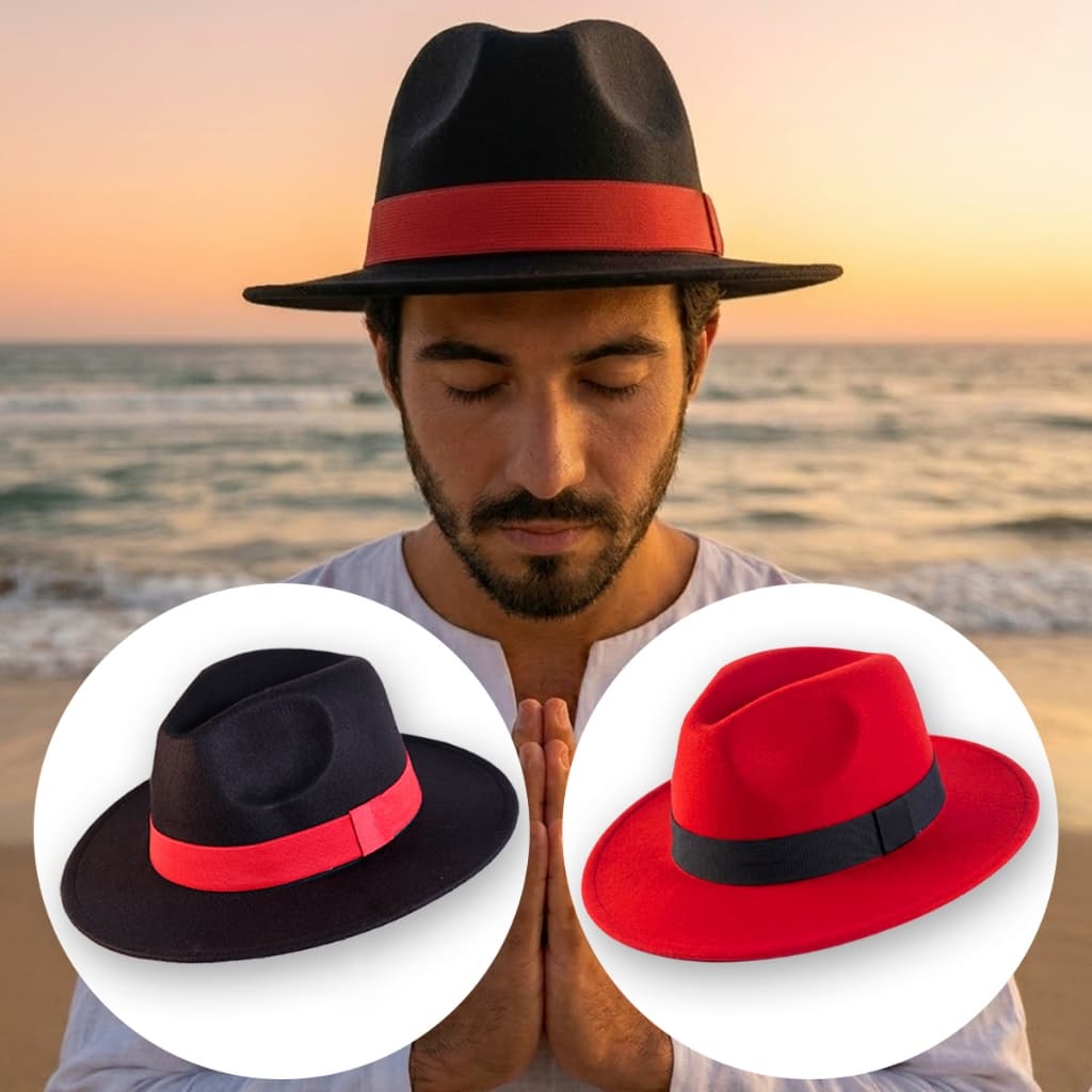 Chapéu Estilo Panamá Adulto Unissex Fedora Preto Vermelho com Fita Malandro Elegante Exu Umbanda