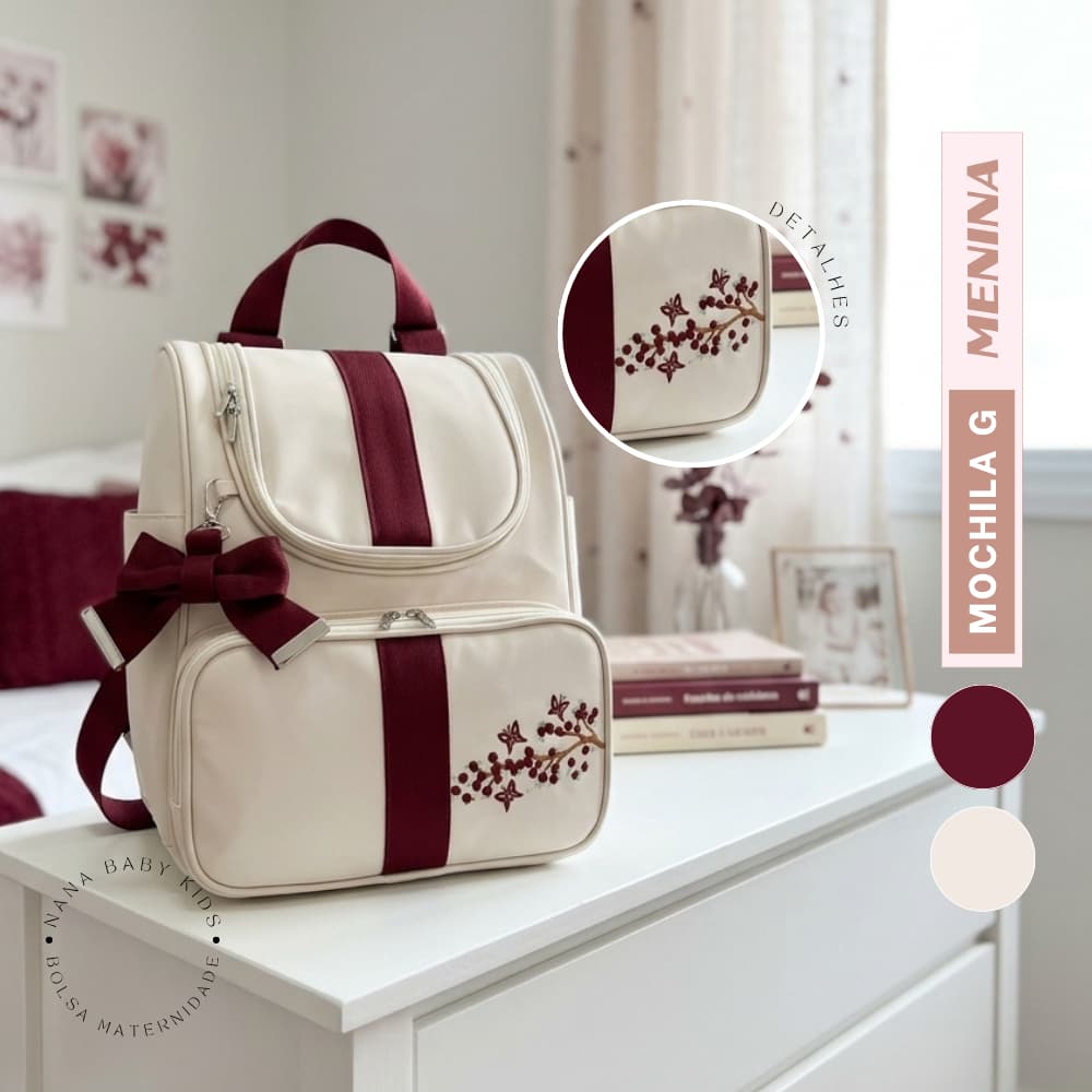 Mochila Maternidade G - Vinho Luxo Bordada Térmica Impermeável