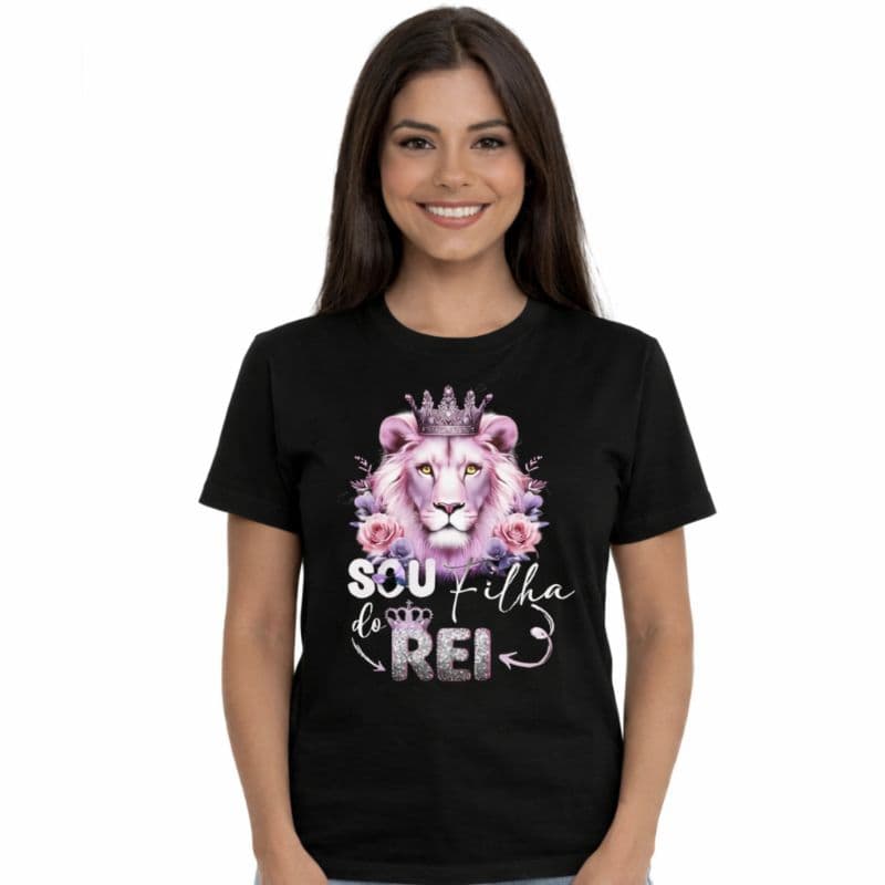 Camiseta Feminina Gospel Sou Filha do Rei Leão Cristã Estampa Premium Camisa Evangélica Moda Cristã