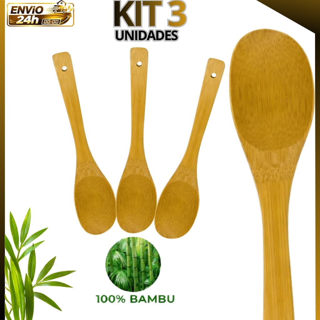 3 Colher de Bambu Grande 30cm para Cozinhar – Utensílio Cozinha Madeira Natural Não Risca Panela