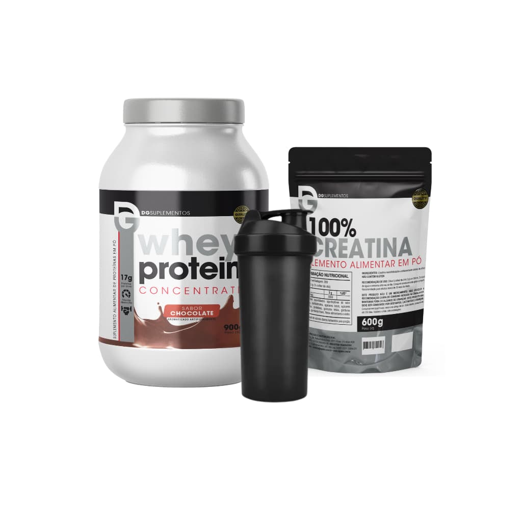 Kit Whey Protein Concentrate 900g + Creatina 600g + Coqueteleira 600ml - DG Labs