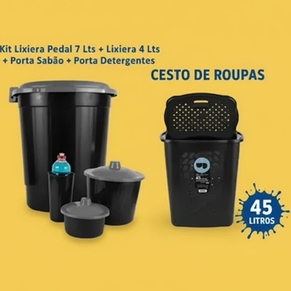 Kit Cesto Roupa Suja Grande 45 Litros Design Rattan + Kit Cozinha Lixeira Porta Sabão Detergente