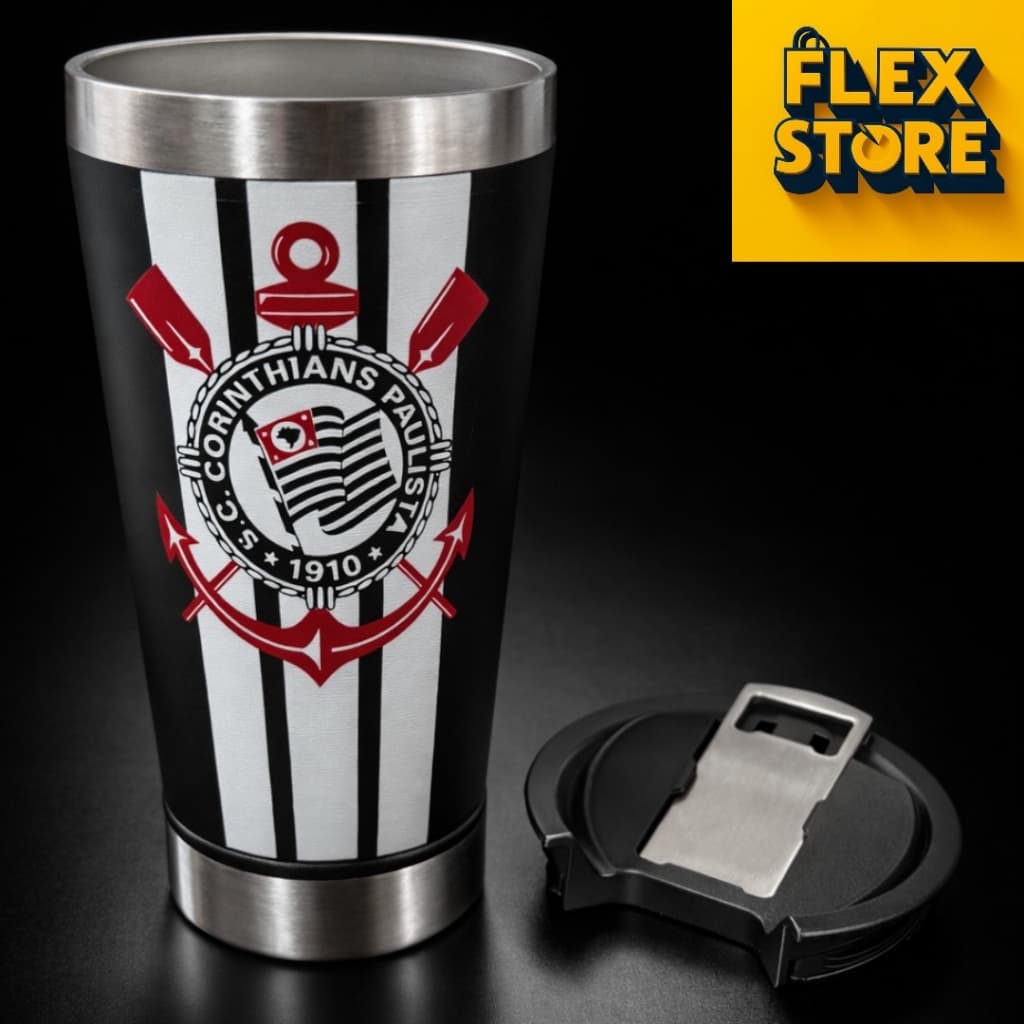 Copo Térmico Corinthians 473ml Inox Parede Dupla com Tampa | Mantém Gelado e Quente