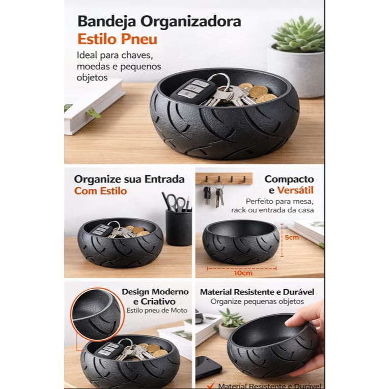 Bandeja Organizadora Porta Chaves Moedas Estilo Pneu Moto Decoração Moderna 3D Mesa Sala Entrada