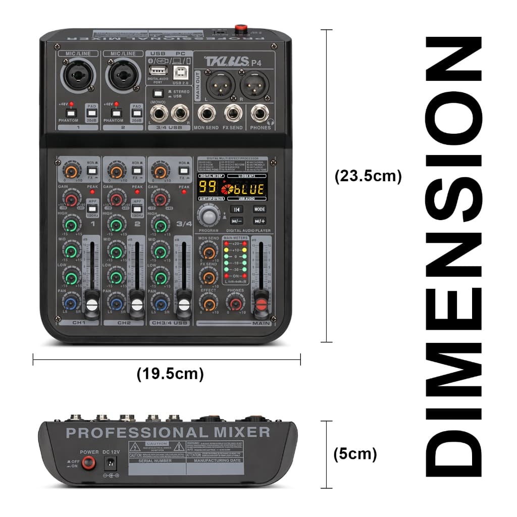 TKLBLS Mini Mixer de Áudio Portátil 4 Canais com Bluetooth e USB para Música e Podcast