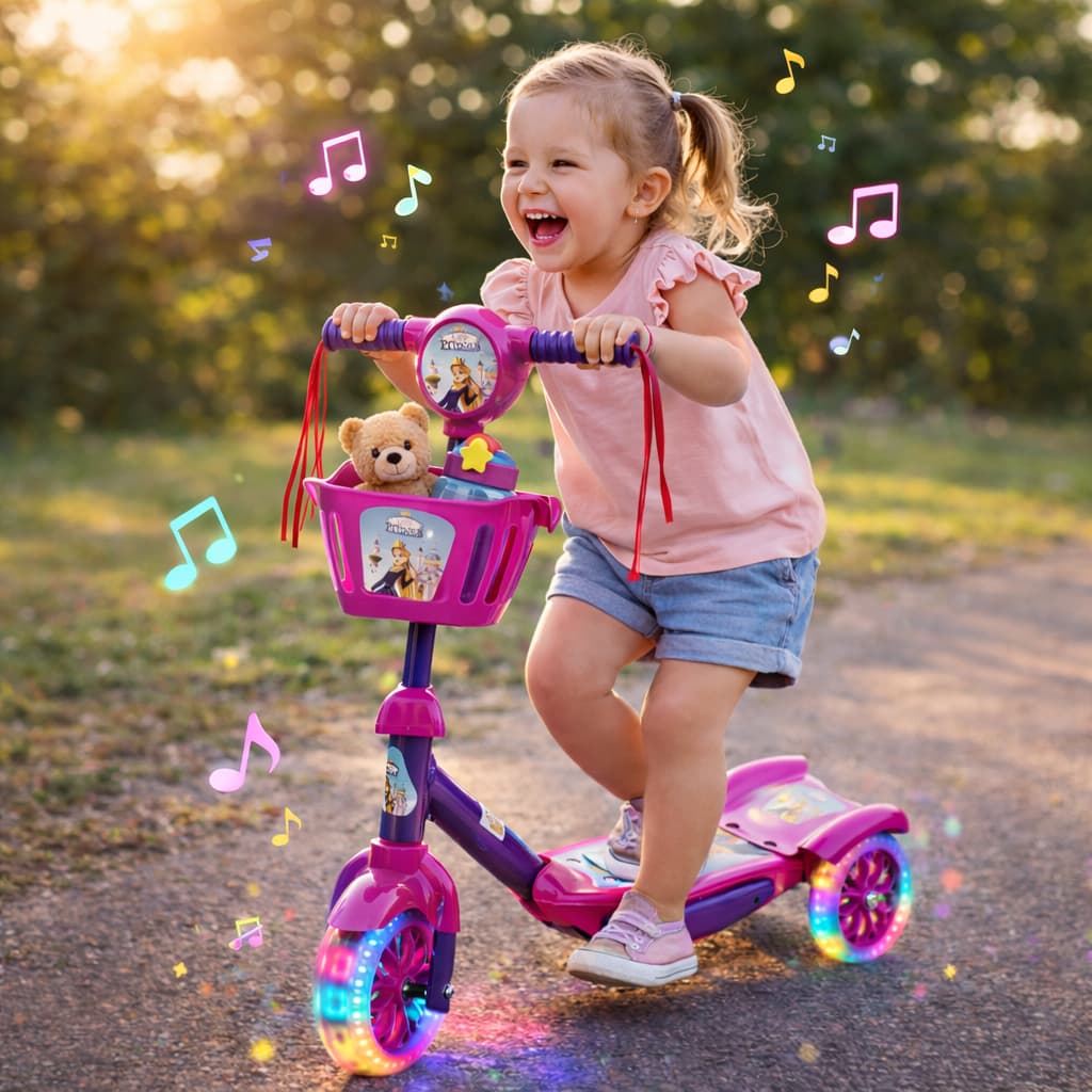 Patinete Infantil Personagem De 3 Rodas Com Musica Com Cesta E Luz Promoção Menino Menina