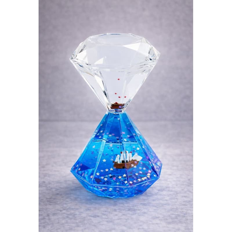 Ampulheta acrílica 13cm com líquido azul e efeito gotas. Decorativa, moderna e perfeita para presentear