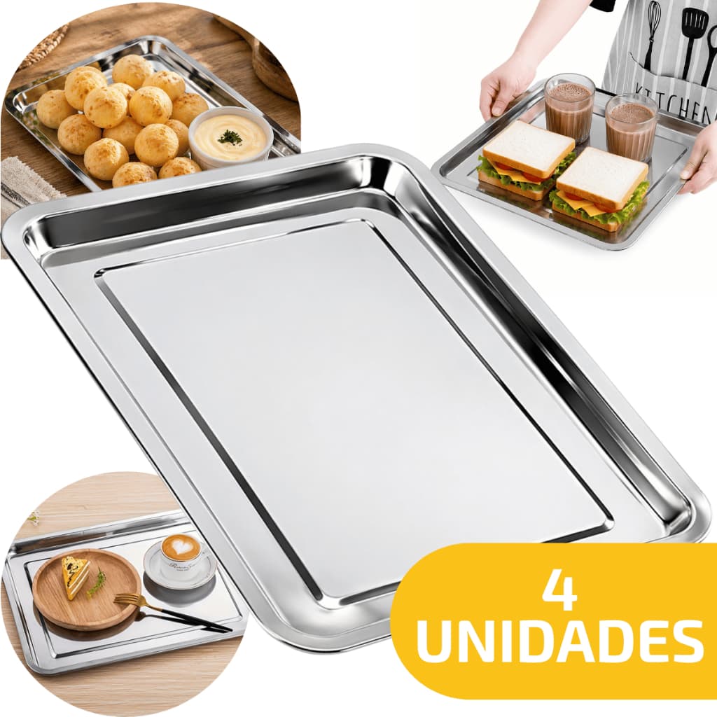 4 Travessa Inox 50x40cm Rasa Grande para Servir Refeições Guarnições Apoio Talheres Restaurante