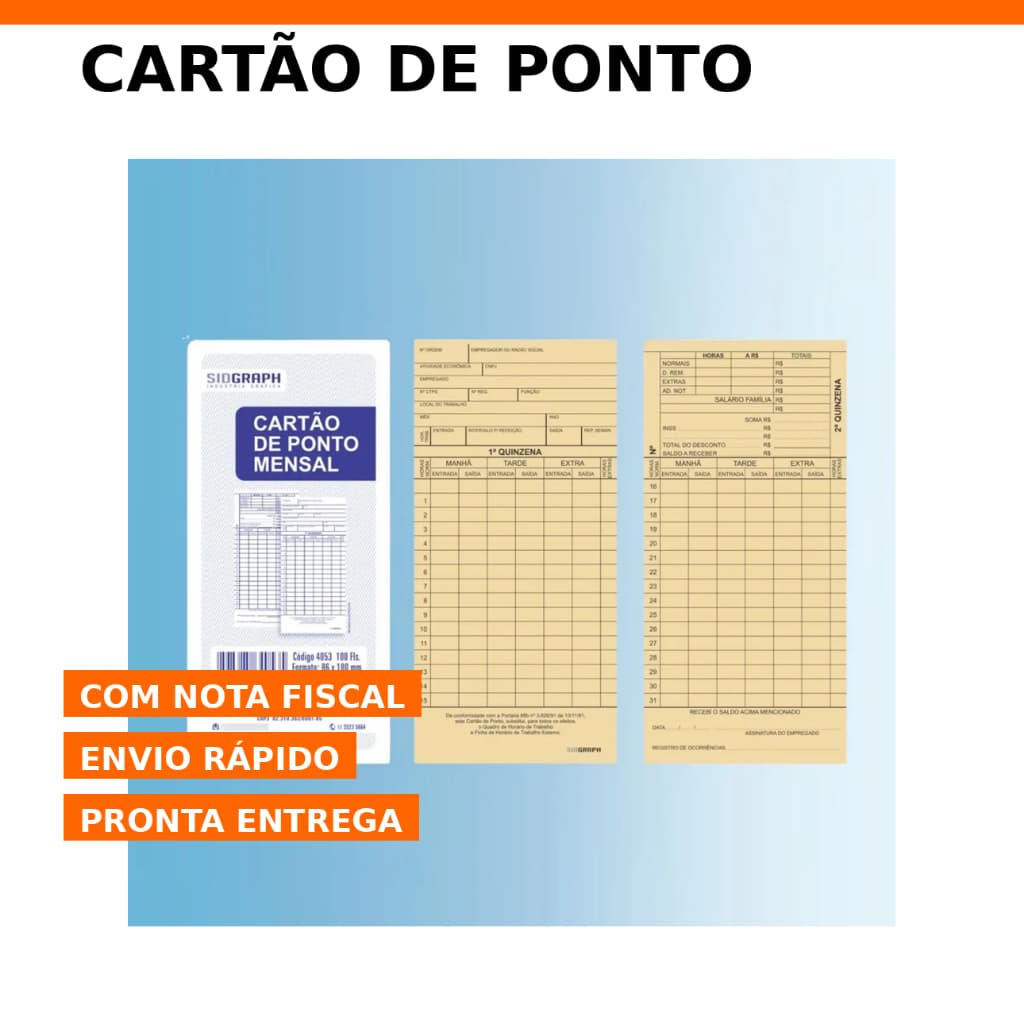 Cartão de Ponto Mensal  5 10 50 100 Folhas Controle de Funcionários Pronta Entrega