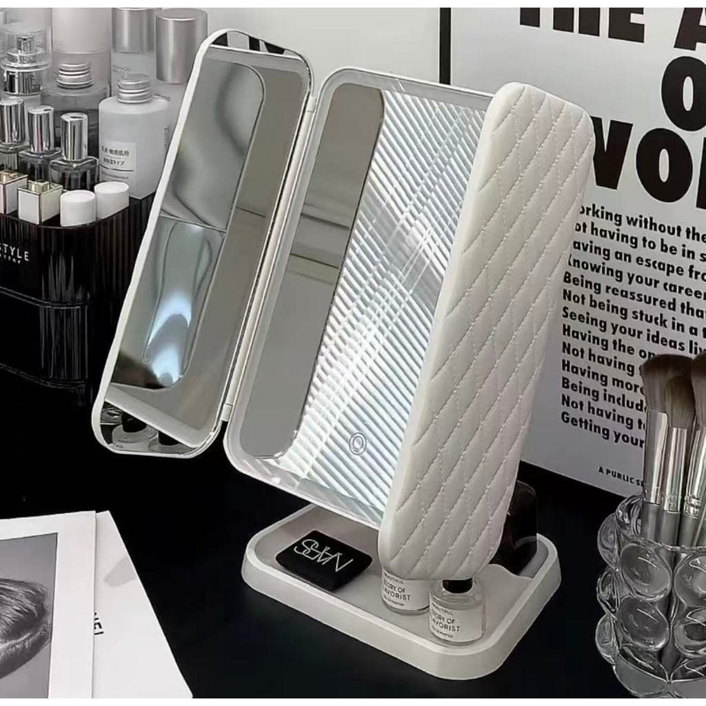 Espelho de maquiagem de mesa LED dois em um, com três lados, dobrável, para se vestir.