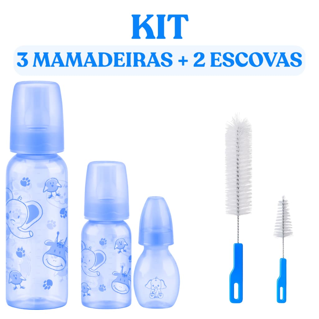 Kit 3 Mamadeiras 240ml + 140ml + 60ml  + 2 Escovas para Lavagem - Ideal para o Dia a Dia