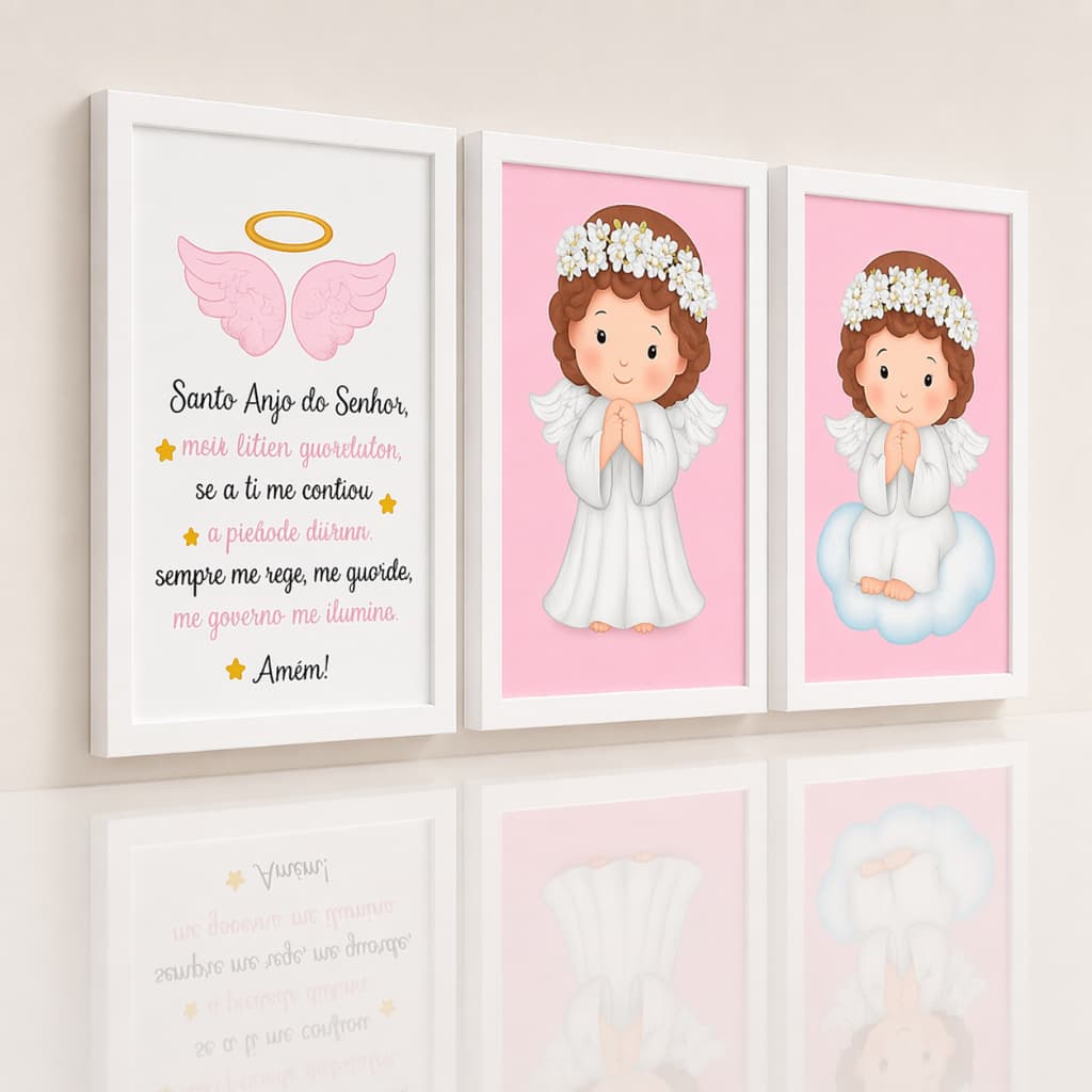 Kit Quadros Infantis Menina Anjo Da Guarda Oração Santo Anjo Rosa Decoração Quarto De Bebê Recém Nascido Placas Mdf