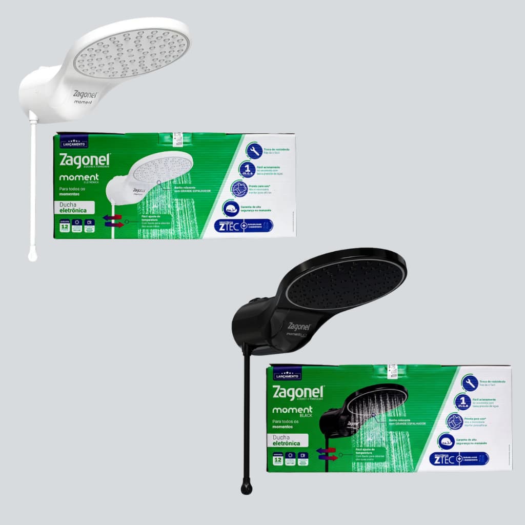 Chuveiro Elétrico Ducha Eletrônica Moment 127V / 220V Branco / Preto Parede Alta Vazão - Zagonel