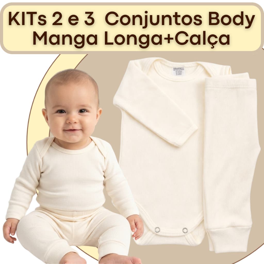 Kit Conjunto Body Manga Longa e Calça Mijao Infantil Canelado Algodão Off White