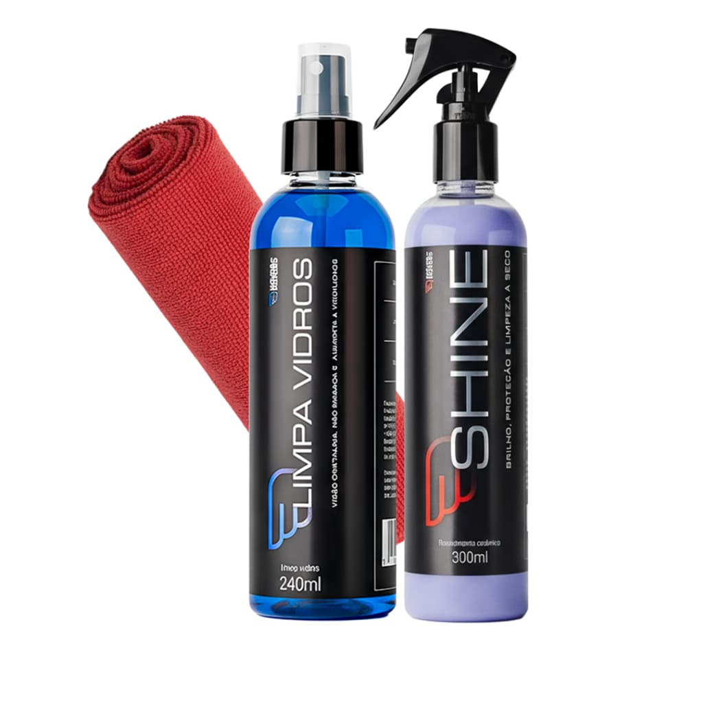 HOUSE OF MOTORS KIT SHINE REVESTIMENTO LIMPA VIDROS CRISTALINO PROTEÇÃO HIDROFÓBICO PANO