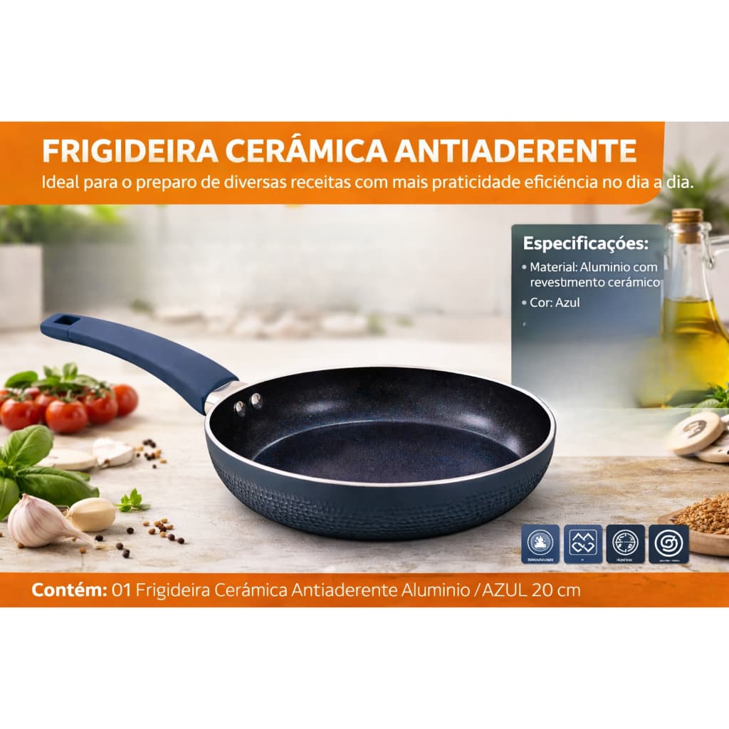 Frigideira Cerâmica Antiaderente Resistente a Arranhão Não Gruda Fácil de Lavar Azul