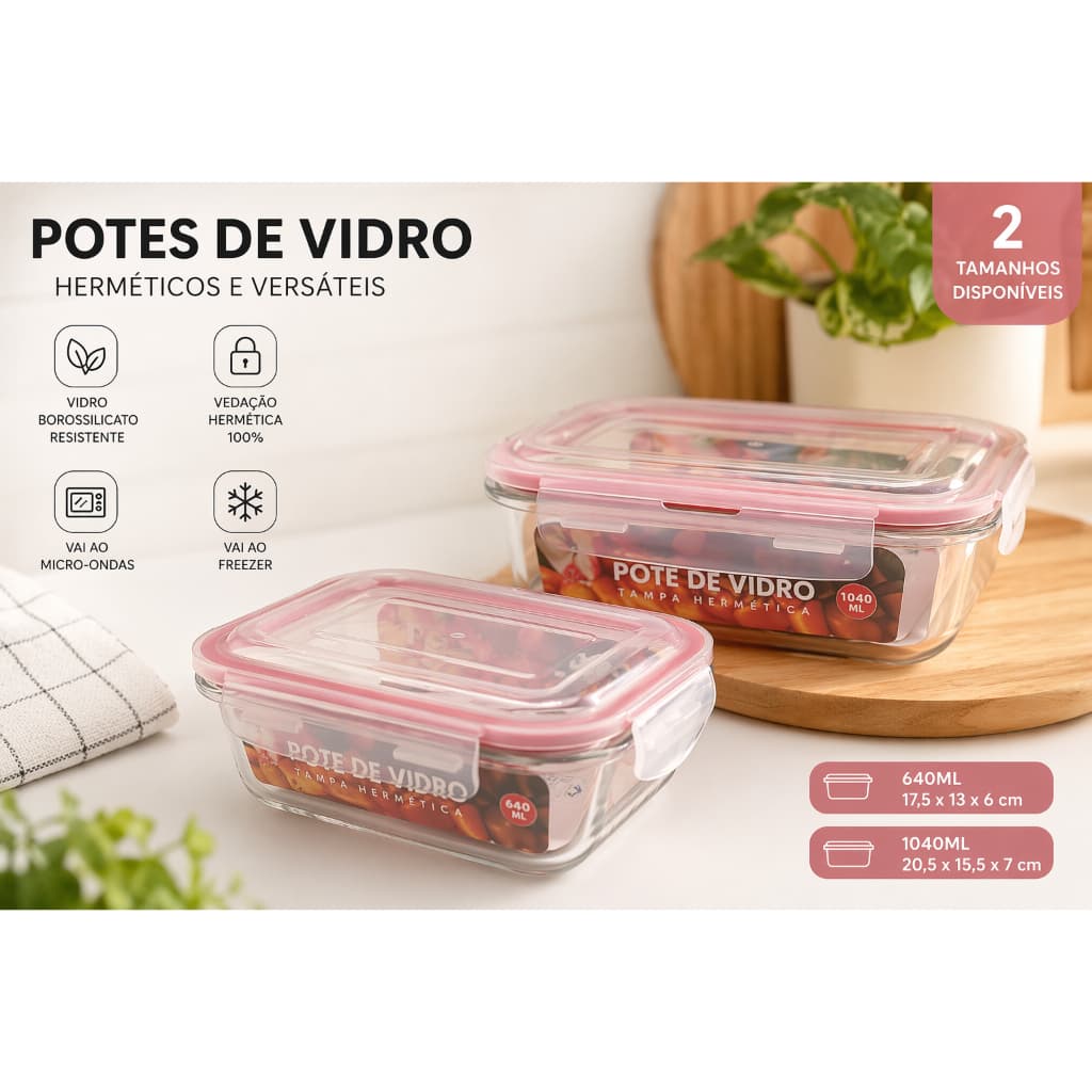 Kit Potes de Vidro Hermético 640ml + 1040ml Tampa com Trava e Vedação