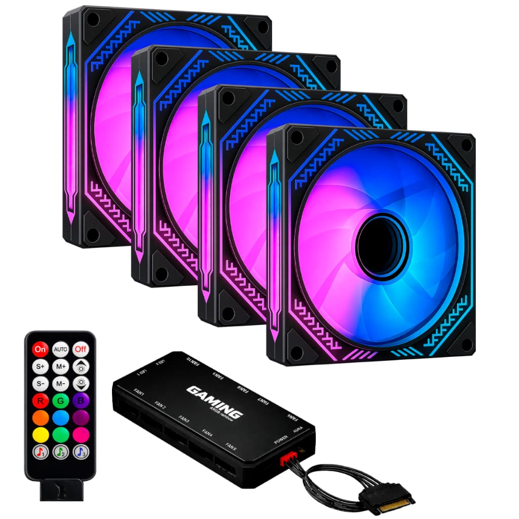 Kit 4 Fans Cooler Ventoinhas Aura Black Infinity ARGB Pc Gamer C/ Controladora Hub Preto