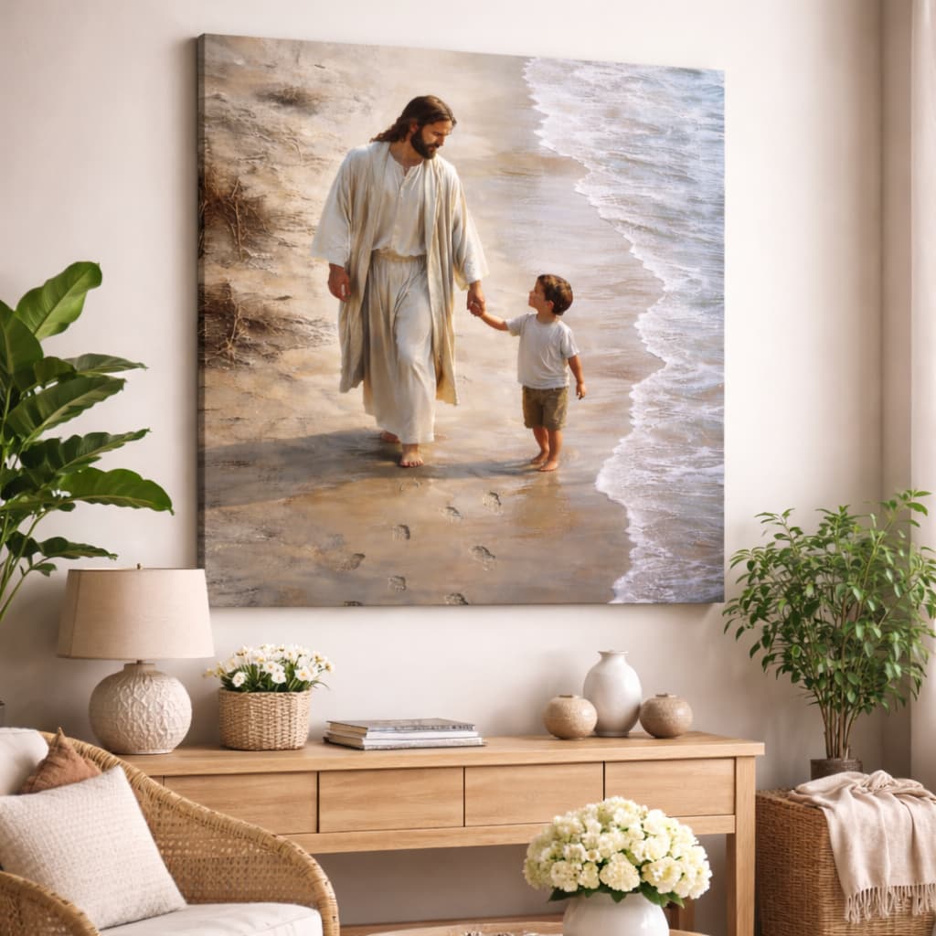 Quadro Decorativo Jesus com Criança na Praia – Arte Religiosa Moderna Sala Quarto