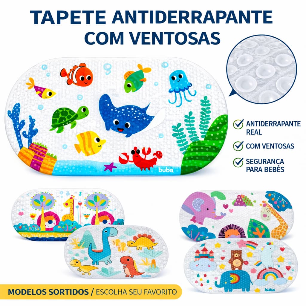 Tapete Banheiro Box Antiderrapante Infantil Para Banho Com Ventosa Buba Banho Seguro