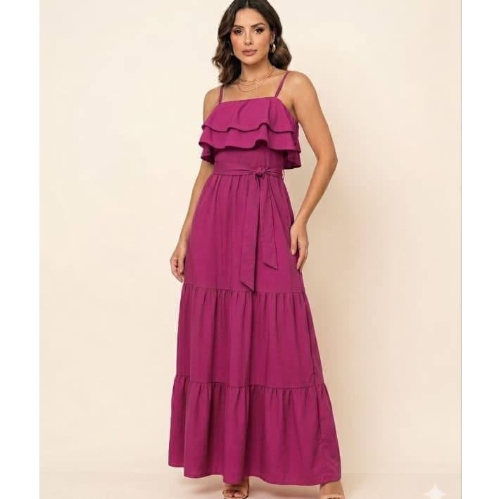 Vestido longo elegantte feminino com detalhe em babado,  elegante e moderno. Confeccionado em tecido duna