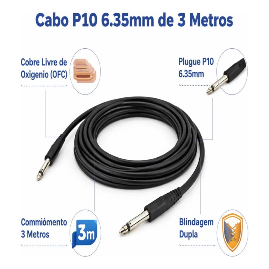 Cabo De Áudio Mono P10 Para P10 3 Metros Profissional