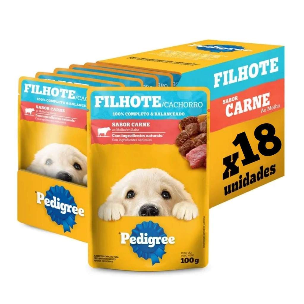 Kit com 18un Ração Úmida Pedigree Sachê Carne Cães Filhotes 100g