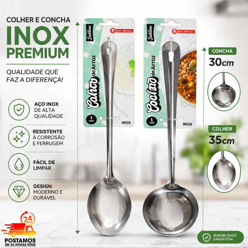 Kit Colher de Arroz 35cm + Concha 30cm Inox Premium Alta Durabilidade Profissional