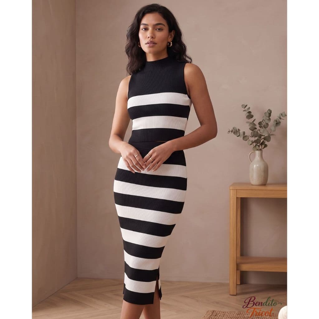 Conjunto Listrado Feminino Tricot Cropped Sem Manga Gola Alta Saia Midi Fenda Lateral Tricô Moda Verão