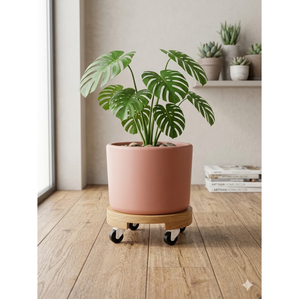Conjunto Vaso de Cerâmica 21cm + Suporte de Pinus Envernizado com Rodinhas