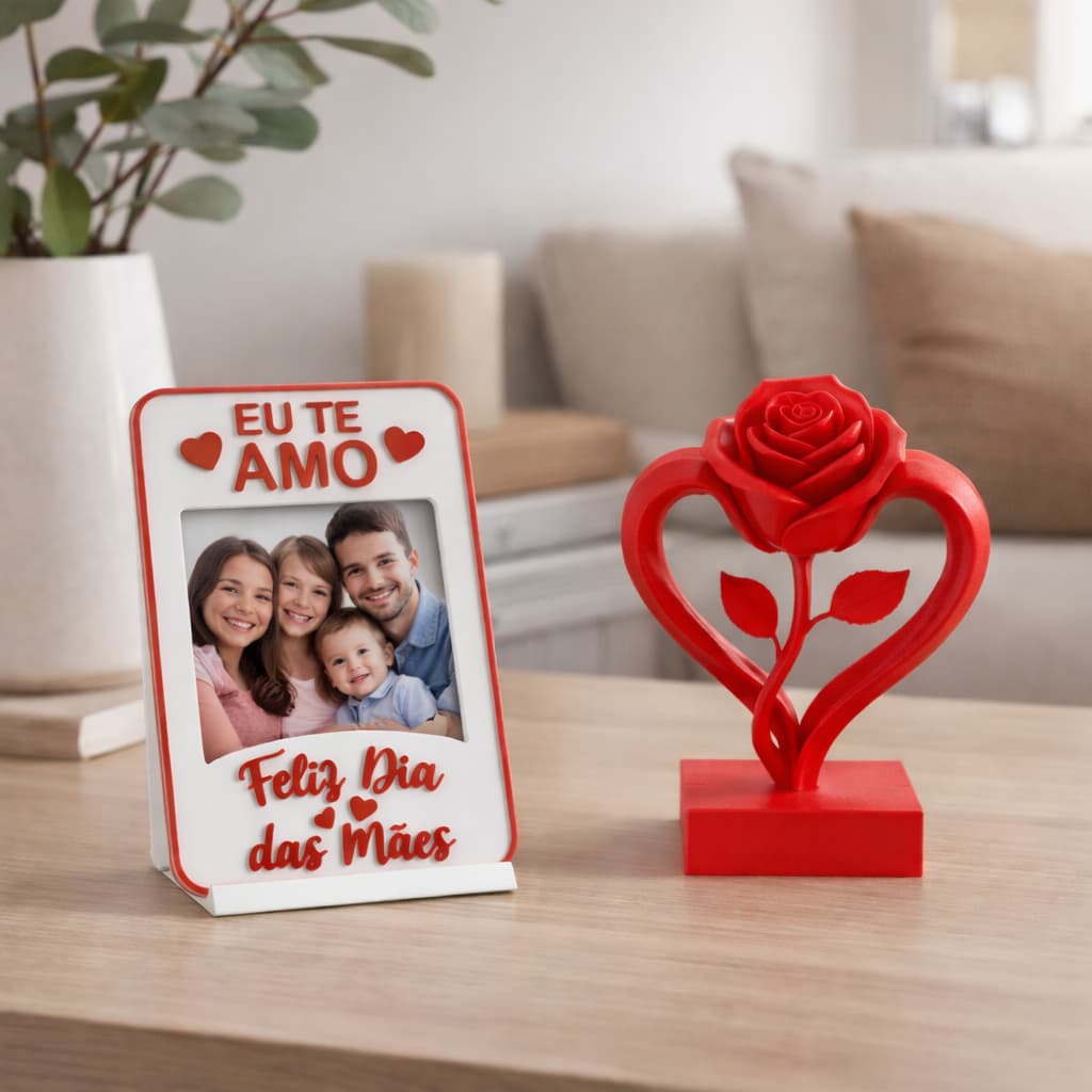 Kit Dia das Mães Porta Retrato Personalizado + Rosa Coração Presente Criativo  Lembranciha