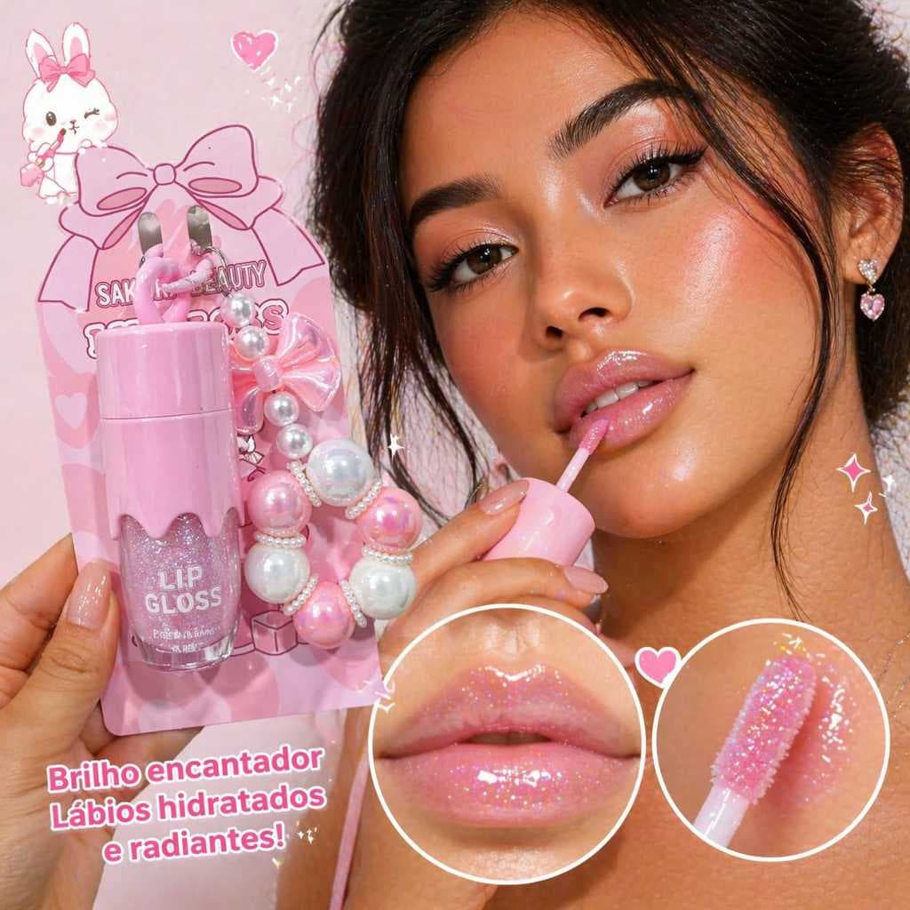 Lip Gloss Labial Hidratante Sarah´s Beauty com Chaveiro Fofo Perola Brilho Intenso de Longa Duração.