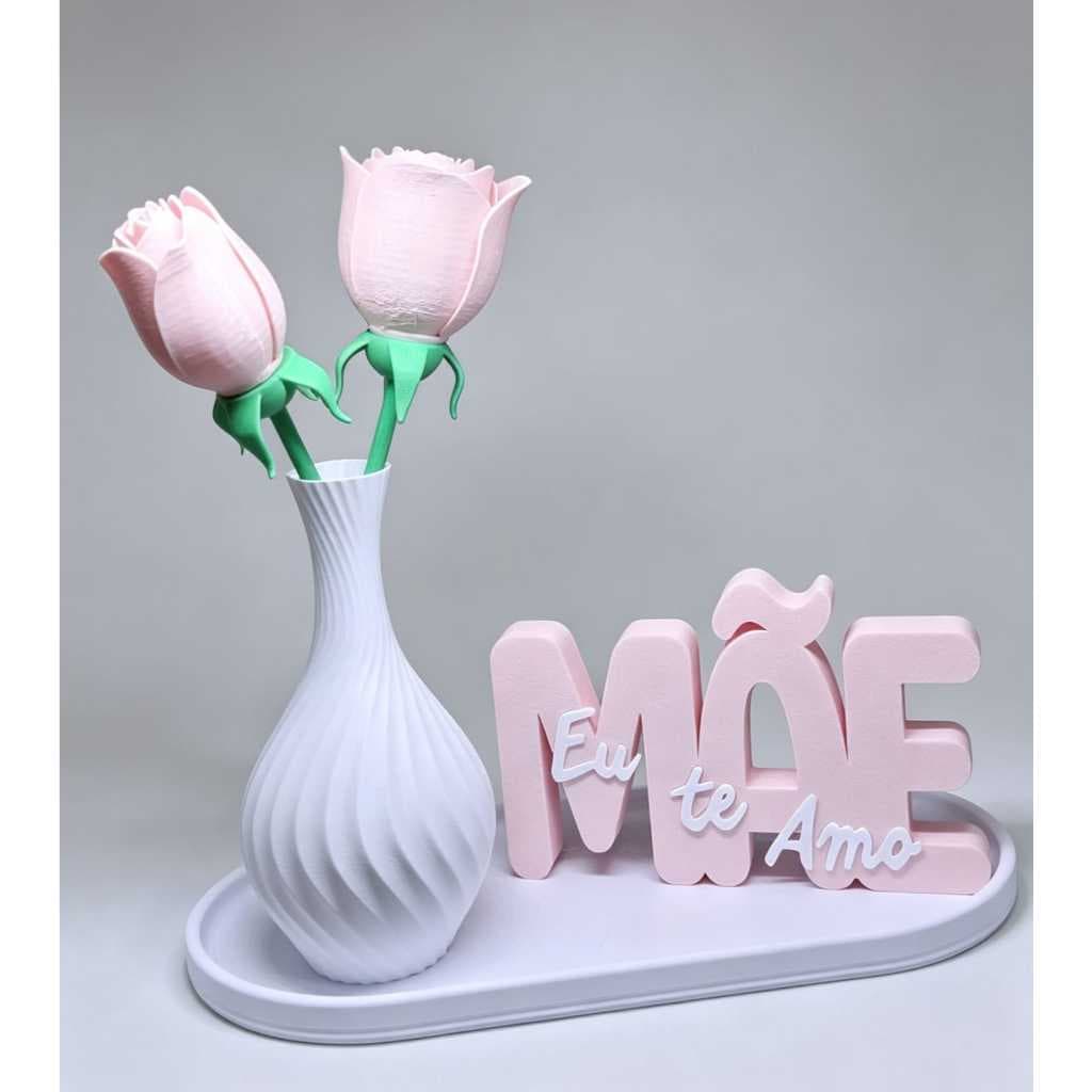 Kit Dia das Mães Rosa 3D com Letreiro Decorativo + Vaso + Bandeja | Presente Criativo e Personalizado