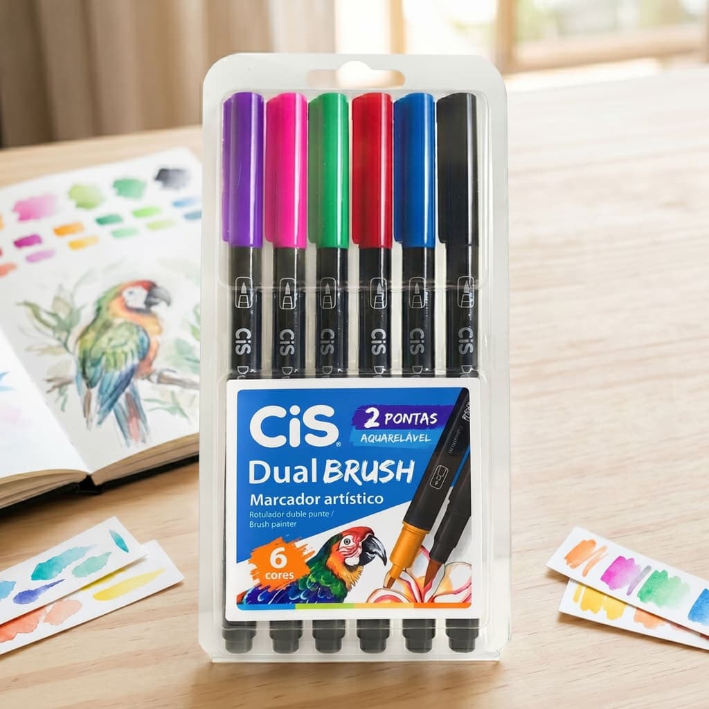 Caneta Dual Brush Pen Aquarelável Cis 6 Cores Fortes Pincel Artístico Lettering Desenho Colorir